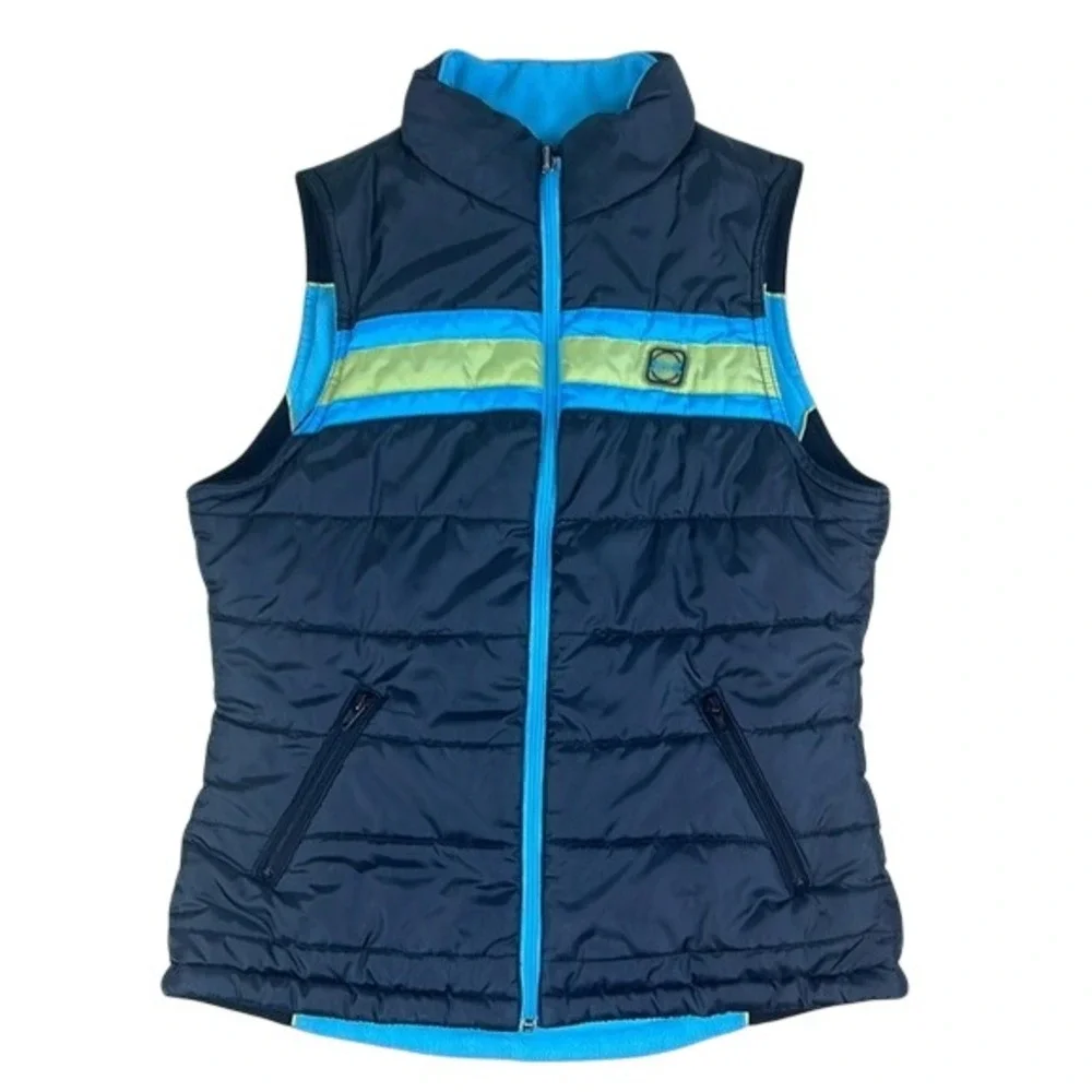 Le Tigre Y2K‎ Unisex Reversible Puffer Fleece Vest Black Blue Lime Green Size M